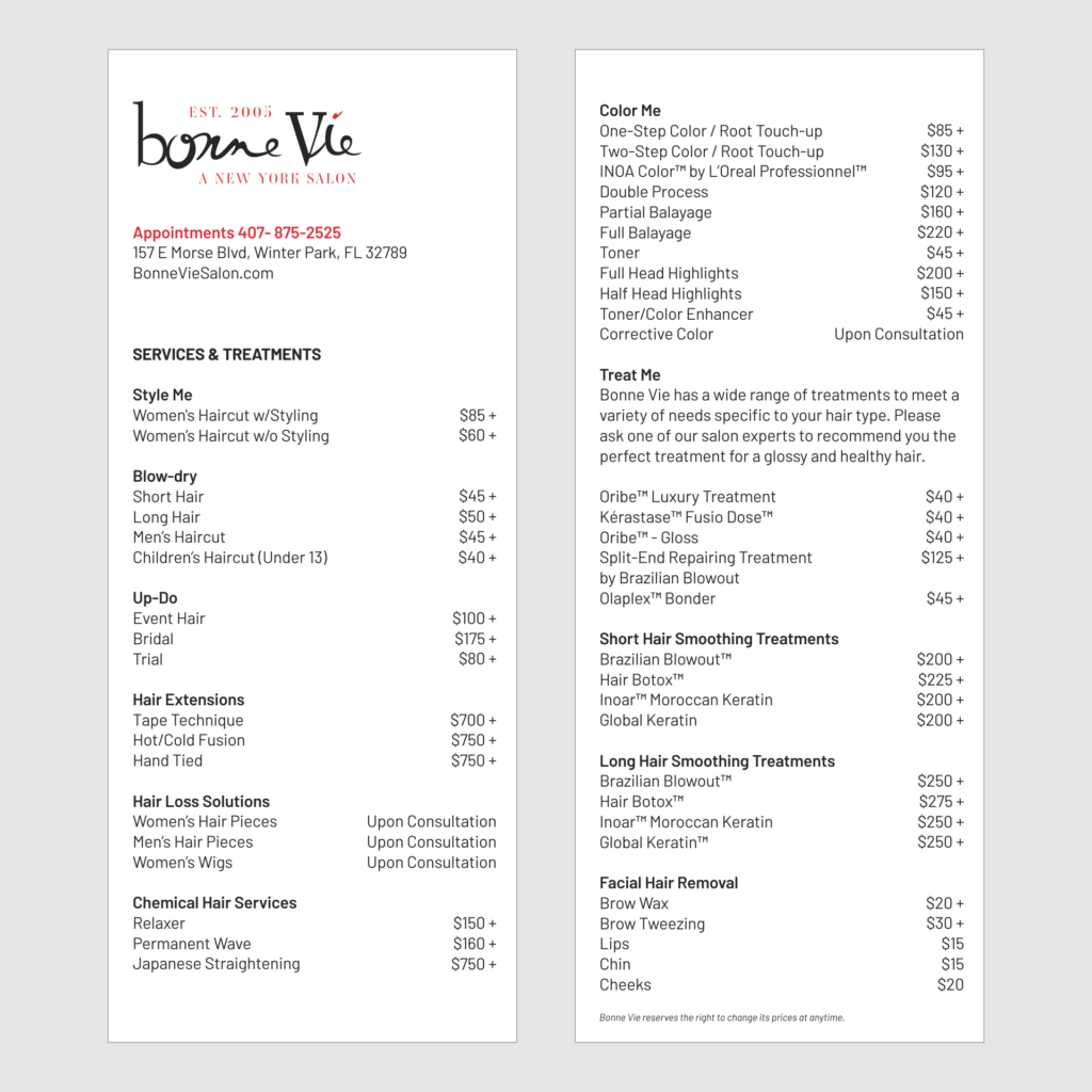 new prices for hair salon winter park
